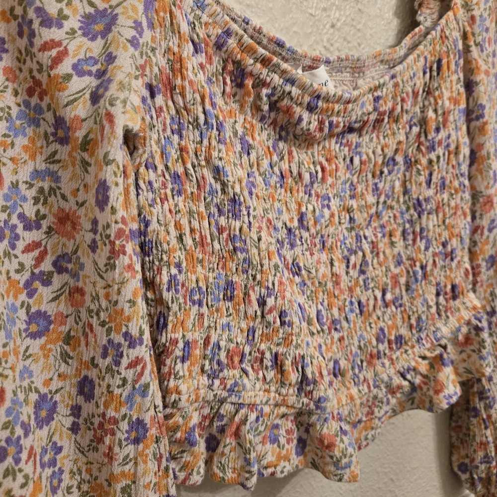 Bohme Smocked Crop Top Long Puff Sleeve Floral Pink Lavender Ivory Ruffle Large - Picture 3 of 14